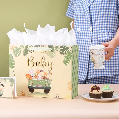Bobobag 13" Sage green Gift Bag for Baby shower,Newborn gift bag with Tissue Paper and Greeting Card.