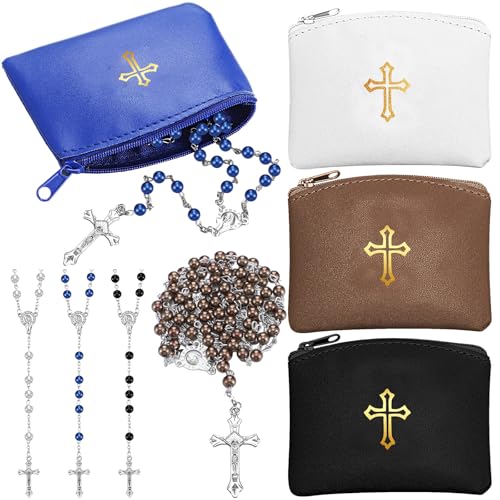 Dansydaisy 8 Pcs Rosary Pouch with Catholic Rosary Beads Necklace Set for Women Leather Holder with Zipper Gold Cross Impr...