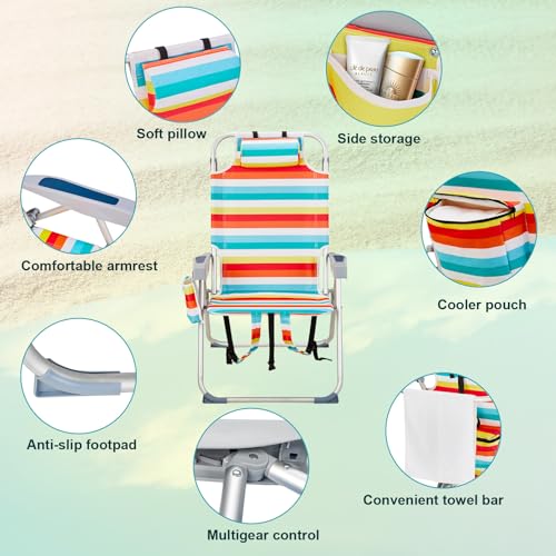 NAICKUC Folding Low Backpack Beach Chairs for Adults, 5-Positions Adjustable Portable Recliner, Aluminum Frame, Includes H...