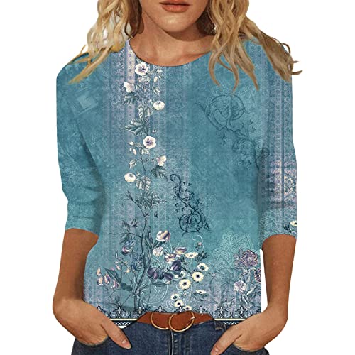 BTCOW Womens Summer Fashion Tops 3/4 Sleeve Round Neck Shirts Casual Print Trendy Three Quarter Length T Shirt
