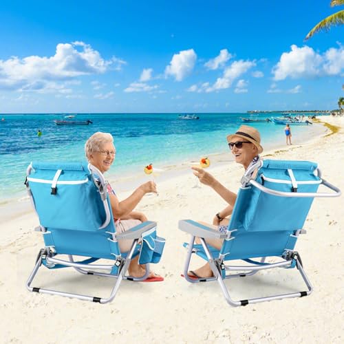 Goplus Beach Chair, 330lbs Folding Backpack Chairs for Adults with 5-Position Backrest, Storage Pockets, Towel Bar & Headr...