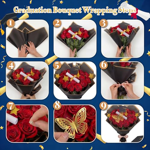 Gilprop 25 Pcs Graduation Flower Bouquet Accessories 2026 with 1 Bear 10 Floral Wrapping Paper 1 Ribbon 12 Butterfly Decor...
