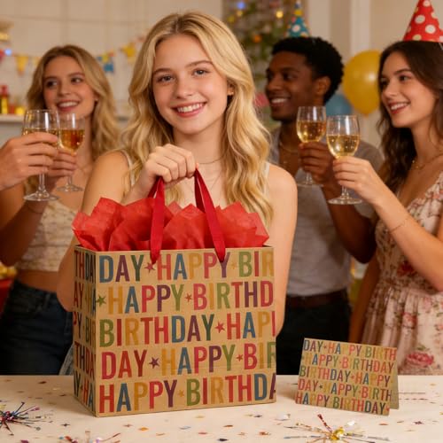 Yusenguan 13" Kraft Happy Birthday Gift Bag, Colorful Lettering & Star Design with Tissue Paper and Greeting Card, Sturdy ...