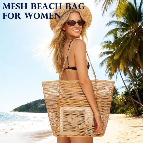 Fammart Mesh Beach Bag for Women, Summer Straw Tote Hobo Pool Bags with Zipper Pocket, Travel Vacation Cruise Essentials 2026