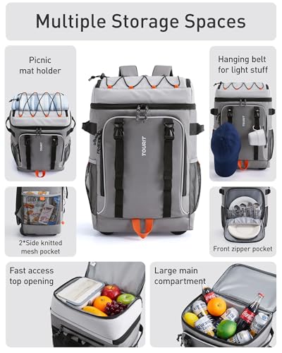 TOURIT 50-Can Rolling Backpack, Double Deck & Dual-Bar Handle Travel Soft Cooler Bag with Wheels, 30L Space Beach Cooler S...