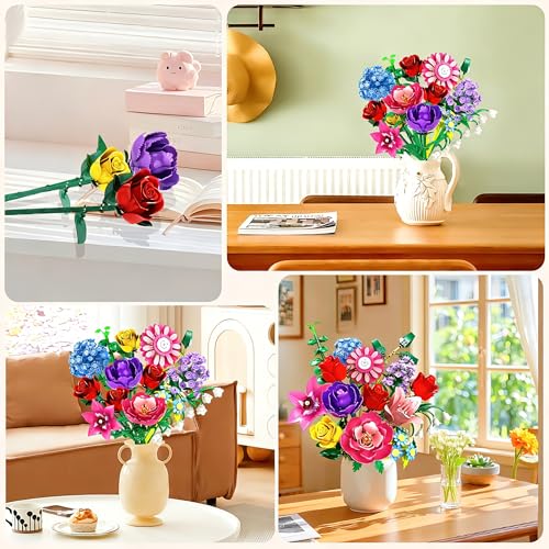 Rongmeiz Mother's Day Flower Bouquet Building Set, 1020 PCS Botanical Collection Building Block Toy, Rose Flowers Plant Ho...