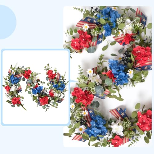 Egolot Patriotic Hydrangea Red White Blue Flower Garland Wreath for Front Door, Forth of July Independence Day Indoor Outd...