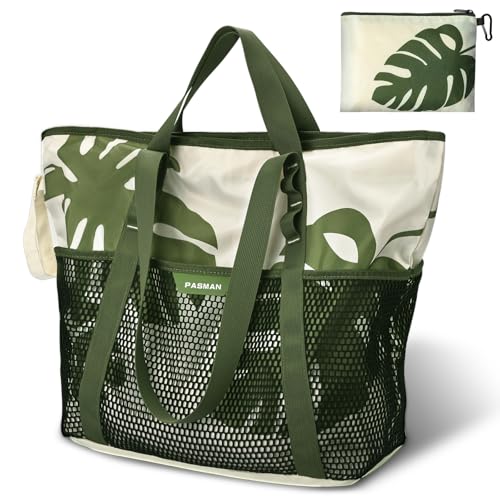 PASMAN Large Beach Bag with Zipper-8 Pockets Sandproof Beach Tote Bag for Women,Foldable Lightweight Family Swim Bag Vacation