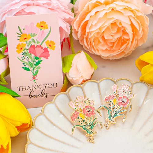 Remuuly 25 Sets Thank You Gift for Women Pink Flower Brooch Pins Bulk with Card Bags Appreciation Gift for Coworker Teache...