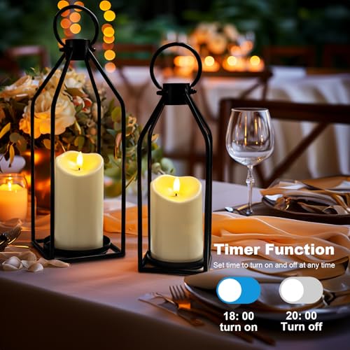 Homemory Modern Farmhouse Lantern Decor with Waterproof Flameless Candle & Remote Timer, 2PCS Black Metal Candle Lantern D...