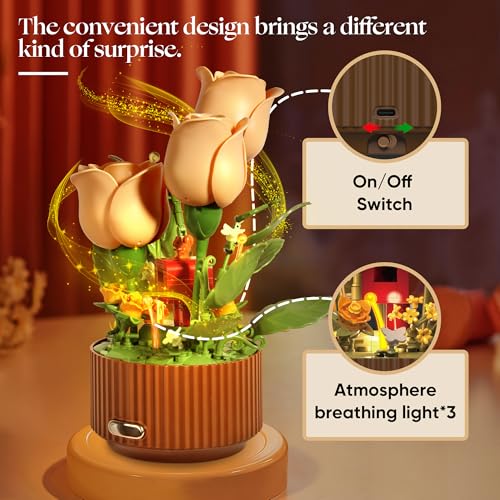 TekYetoi Magical Blooming Rose Building Set, Mothers Day Gifts for Mom - Electric Moving Flower Blocks with Interactive So...