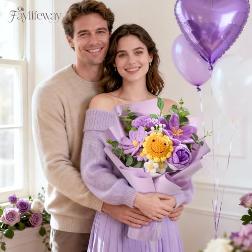 Faylifeway Crochet Flower Bouquet, Handmade Knitted Flowers,Purple Crochet Sunflower Bouquet for Lover Birthday, Anniversa...