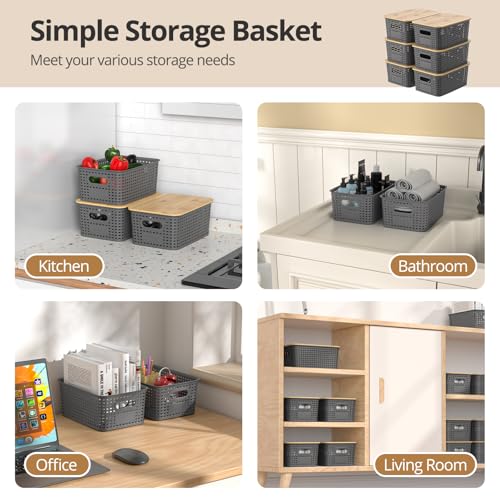 ZFTMRR Plastic Storage Baskets with Bamboo Lids, Stackable Small Box Bins for Organizing and Containers for Shelves Drawer...