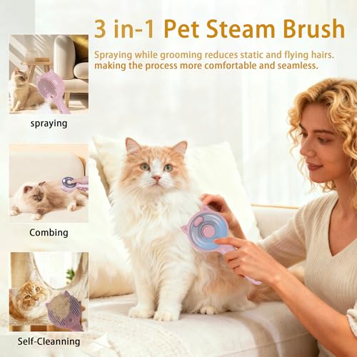 Pet Steam Brush for Cats & Dogs ，3-in-1 Pet Grooming Comb，Reduces Shedding, Soft Bristles, Promotes Healthy Coat-Comes - I...