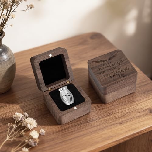 Dletay Angel Wing Small Urns for Human Ashes Square Wooden Keepsake Box 1.57 Inches Heart Mini Cremation Urns for Women Me...