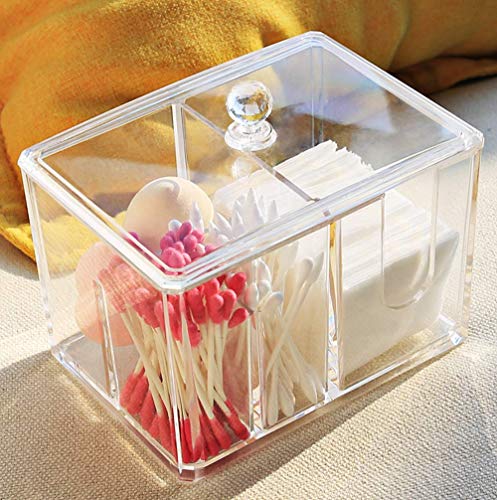 Watpot Qtip Cotton Pad Holder Dispenser Cotton Ball and Swab Storage with Lid Clear Acrylic Cotton Round Organizer, 4 Sect...