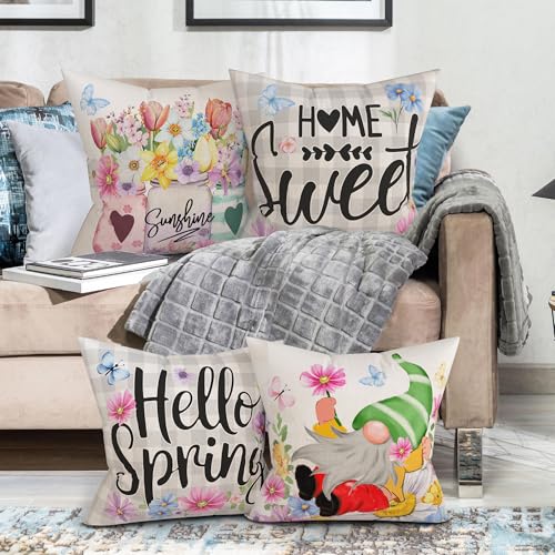 Unibyby Spring Pillow Covers 18x18, Home Sweet Home Outdoor Throw Pillowcase, Farmhouse Floral Home Decor Square Cushion C...