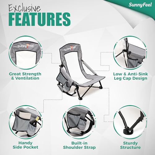 SUNNYFEEL Folding Low Camping Beach Chair 2 Pack, Lightweight Portable Lawn Chair with Mesh Back, Cup Holder for Outdoor/T...