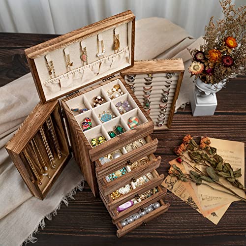 Poyilooo Jewelry Boxes for Women Girls, 9"x 5.9"x 12" Wooden 5-Layers Jewelry Organizer and Storage with Drawer, Suitable ...