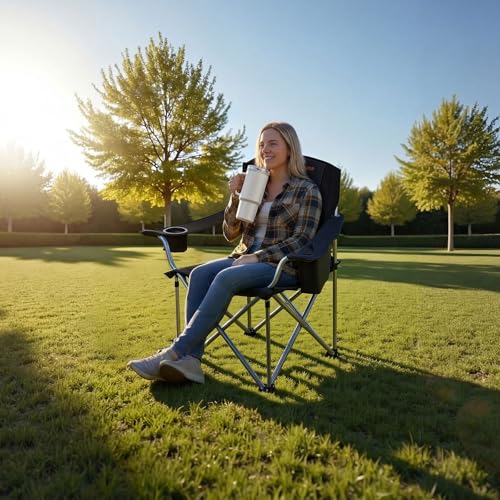 VEVOR Oversized Camping Folding Chair, Portable Heavy Duty Outdoor Quad Lumbar Back Padded with Side Pockets, Cup Holder a...