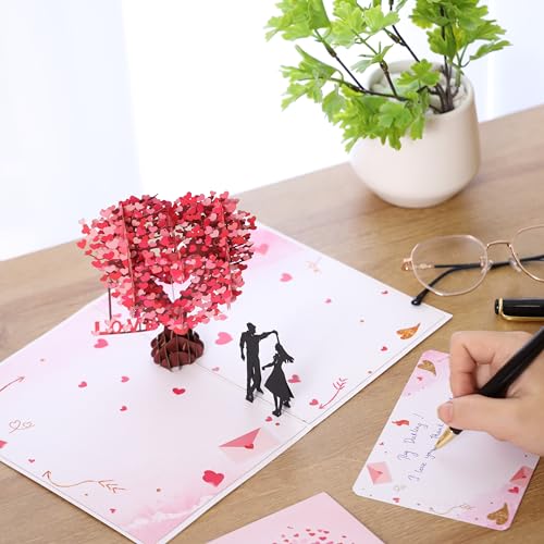 Pop Up Anniversary Card, 3D Love Tree Hearts Couple Wedding Card for Her, Wife, Husband, Him, Couple; Ideal Gift for Weddi...