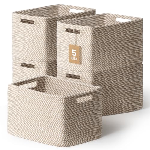 5 Pack Woven Storage Baskets for Shelves, Decorative Basket Organizer Storage Bins for Toys, Books, Clothes, Closet, Nurse...