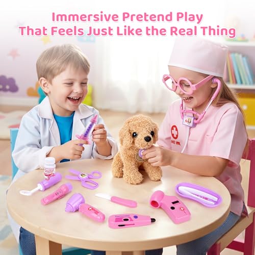 Meland Toy Doctor Kit for Girls, Pretend Play Toy Doctor Set with Dog , Carrying Bag, Stethoscope & Dress Up Costume Gift ...