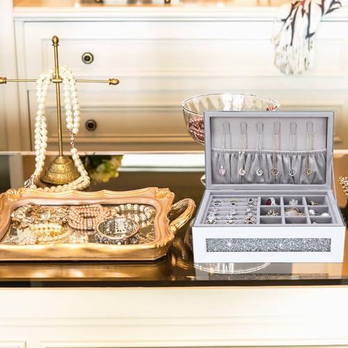 Poeuai Glam Rhinestone Crystal Silver Glass Jewelry Box, Sparkly Blinged Out Mirror Jewelry Box for Women, Elegant Jewel B...