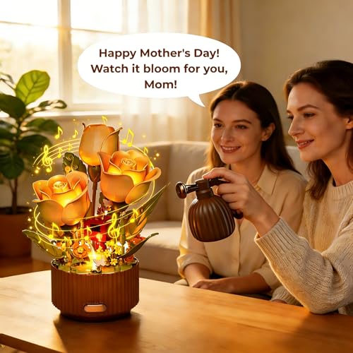 TekYetoi Magical Blooming Rose Building Set, Mothers Day Gifts for Mom - Electric Moving Flower Blocks with Interactive So...