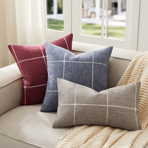 YZJZEDS 2 Packs Grid Embroidery Throw Pillow Covers, 20x20 Inch Navy Blue, Farmhouse Linen Decorative Navy Blue Cushion Co...