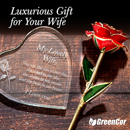 GreenCor Anniversary for Wife Engraved Wooden Gift Set 'To My Beautiful Wife' Includes Crystal Engraved Heart 24K Gold Dip...