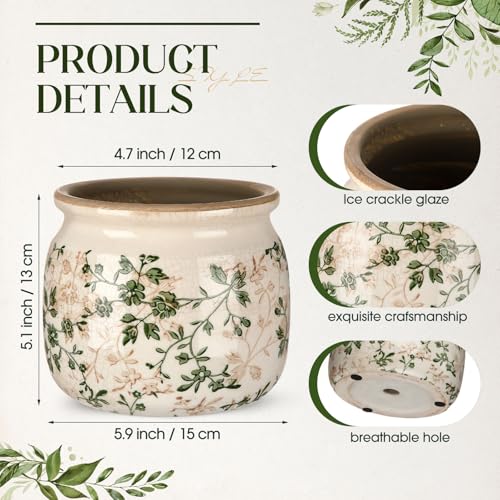 Ninehaoou Vintage Planter Large Ceramic Plants Pot Green Pink Pastoral Floral Ice Crack Cottage Scroll Vase Flower Vase Po...
