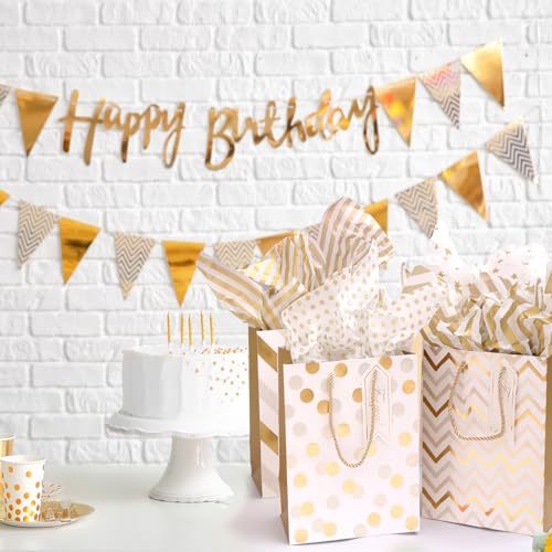 Dimetey 12pcs 9" Gift Bags, Medium Size Paper Bags with Tissue Paper, White Gold Wrap Paper Gift Bags with Handles for Sho...