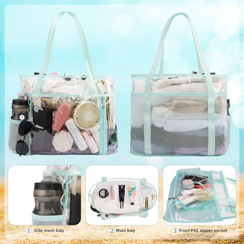 TINYAT Beach Tote Bag for Women Large Capacity - Waterproof Sandproof 6 Pockets with Zipper Gym Travel Shopping Handbag