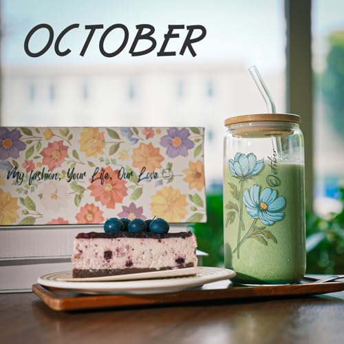SUROQUE Birth Month Flower Iced Coffee Glass Cup 16oz Custom Tumbler Birthday Gifts Personalized Gifts for Women, Teacher...