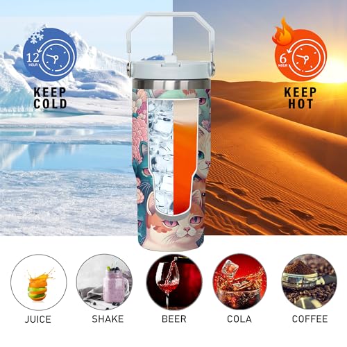 Xchearser Tumbler with Handle and Flip Straw for Women Men, 30oz Cute Cat Stainless Steel Insulated Cup, Water Bottle Trav...