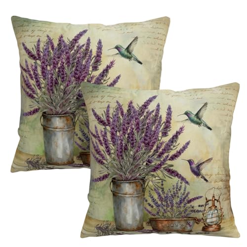 Kwlegh Lavender Pillow Covers Purple Flower Rustic Pillow Covers 18x18 Set of 2 Lavender Hummingbird Pillow Case Spring Vi...