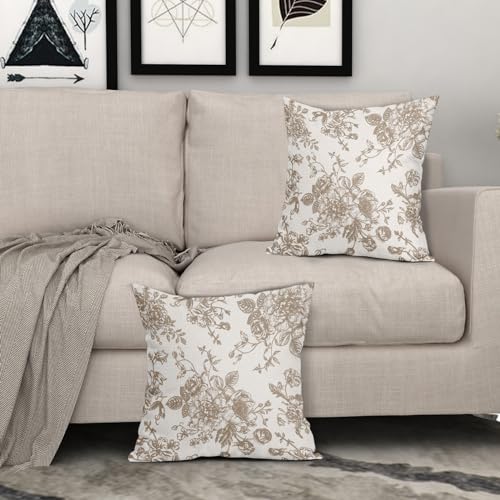 Vintage Floral Pillow Covers 18x18 Inch Set of 2 Tan and Cream Floral Throw Pillow Covers Chinoiserie Flower Pillowcases R...