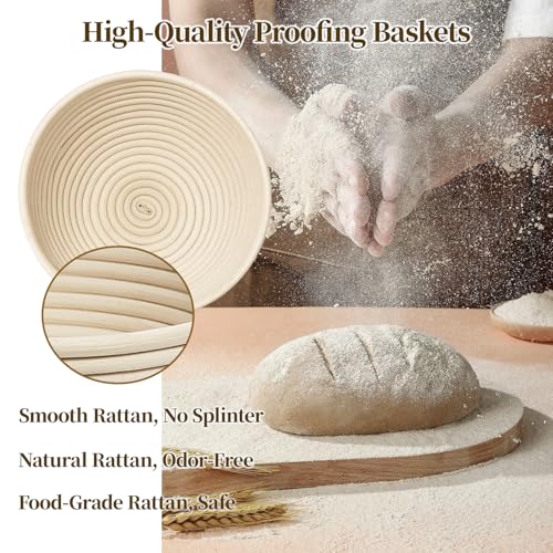 Banneton Bread Proofing Basket - Proofing Basket Set of 2 (9 inch Round) - Natural Rattan Banneton with 4 Linen Liners - B...