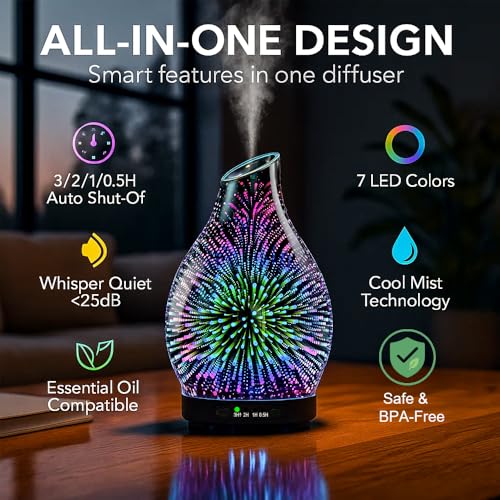 JOYOLO 120ML Essential Oil Diffuser, 3D Glass Aromatherapy Diffuser with Auto Shut-Off and 7 Color LED Lights, Ultrasonic ...