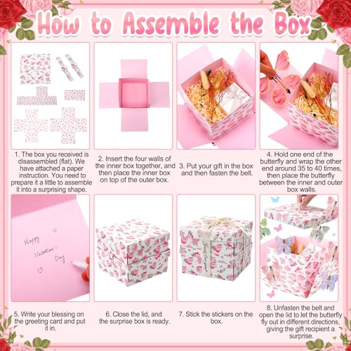 Mother's Day Butterfly Explosion Gift Box, Reusable Pink Floral DIY Unique Gift Box with Surprise Flying Butterfly and Flo...
