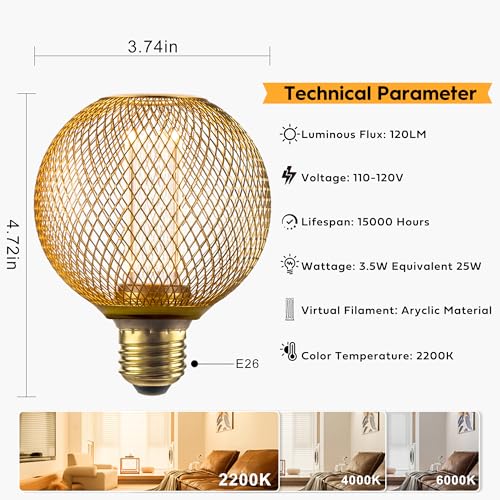 Harwez Decorative LED Light Bulb, Golden Metal Mesh Cover, E26 Medium Base, LED Lights for Bedroom Floor Lamp, Ceiling Lig...