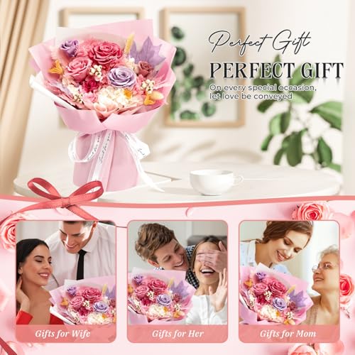 Preserved Flowers Roses Bouquet with Vases Real Pink Flowers for Delivery Prime, Forever Glitter Rose Bouquets Kit,Handmad...