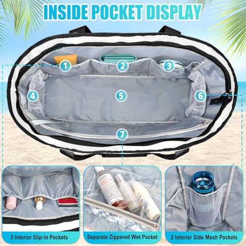TEUEN Extra Large Beach Bags for Women, Waterproof Sandproof Beach Tote Bag Foldable Swim Pool Bag with Zipper and Wet Pocket