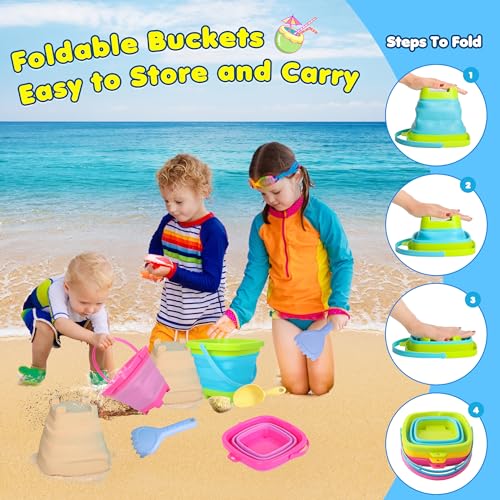 Xgunion Collapsible Beach Sand Bucket 3 Packs Foldable Buckets Set with Shovels & Mesh Bag Collapsible Beach Toys for Kids...