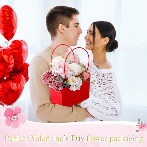 Geyoga 12 Pcs Mother's Day Flower Bags Boxes for Arrangements Kraft Paper Floral Wrapping with Handle Waterproof for Gradu...