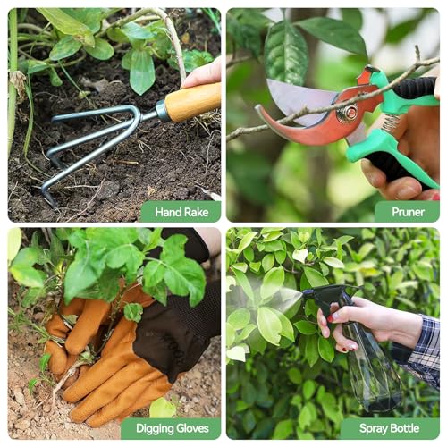 Grenebo Gardening Tools 9-Piece Heavy Duty Garden Hand Tools with Fashion and Durable Garden Tools Organizer Handbag, Rus...