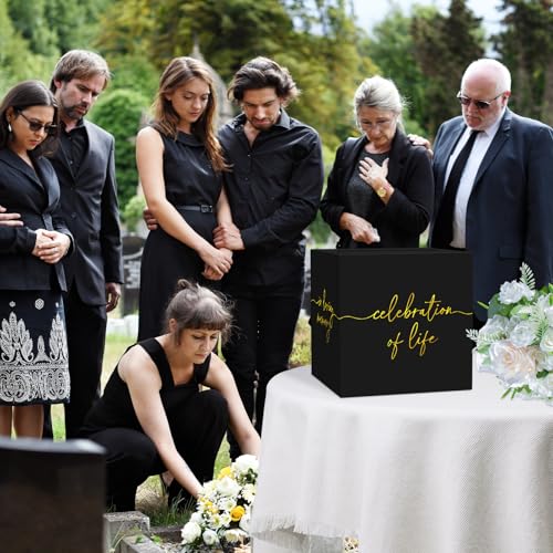 QISOLIY Black Celebration of Life Card Box with Gold Lettering, Share a Memory Funeral Card Box for Memorial Service, Reme...