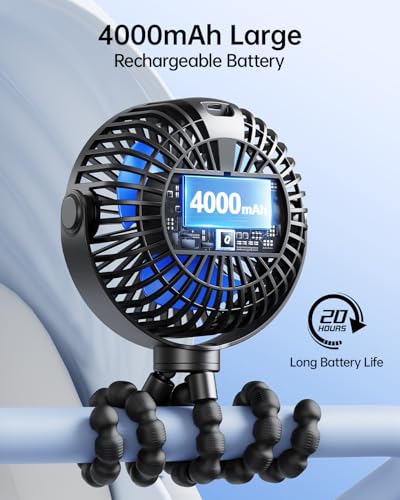 SWEETFULL Portable Stroller Fan with LED Display, 4 Speed Rechargeable Mini Clip On Fan, 360° Rotate Flexible Tripod Bette...