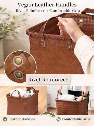 Panovox Hand Woven Baskets for Storage, 4Pcs Water-Resistant Wicker Baskets, Brown Wicker Storage Baskets for Shelves, Lar...